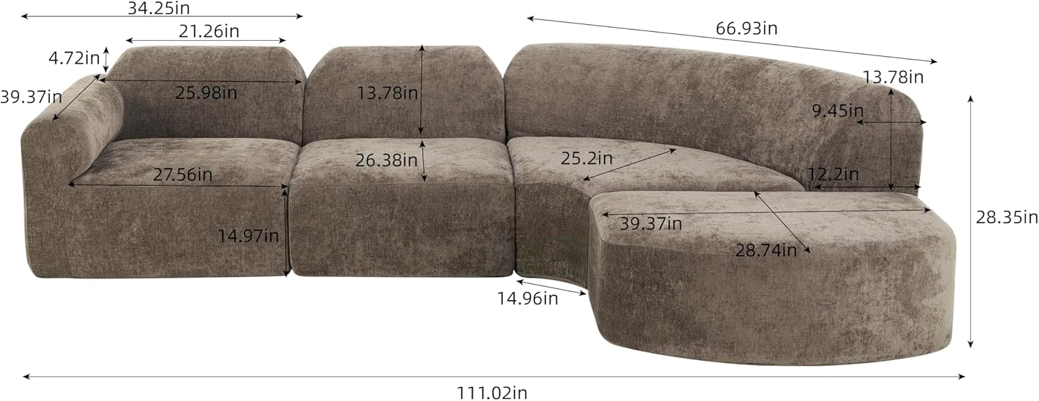 Christopher Knight Home Midel 111' Modular L-Shape Sofa Couch with Chaise Lounge, Modern Boneless Sofa for Living Room, Fabric Upholstered Cloud Couch with Deep Seat, Dark Brown