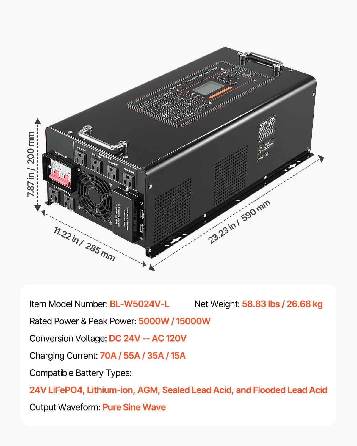 VEVOR Pure Sine Wave Inverter Charger, 5000 Watt, DC 24V to AC 120V, Battery Charger with LCD Display, Remote Control, Solar Inverter for Off-Grid Solar RV Boat Home, Compatible with Various Batteries