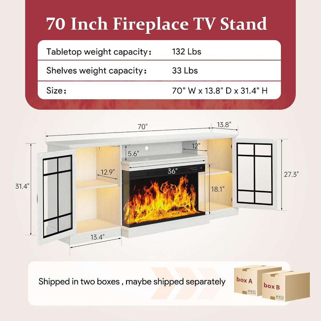 MXV 70'' Fireplace TV Stand, Farmhouse Entertainment Center with 3 Sided Glass TV Stand, Modern Media Console Table with Storage Drawers & Cabinets with LED Flame and Lights for Living Room, White