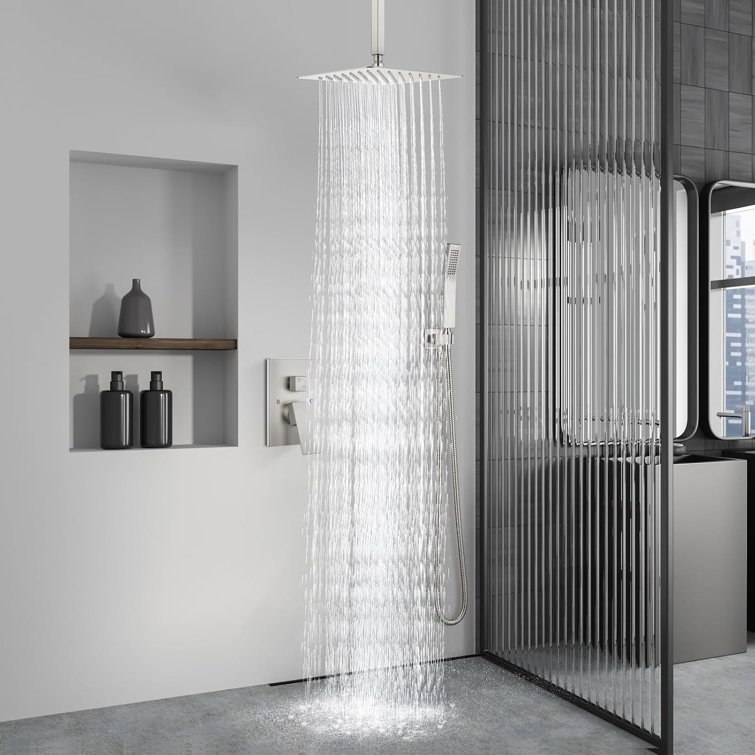 Aolemi Ceiling Mount Shower System Rain Shower Head with Handheld Spray High Pressure Shower Faucet Set Rough-in Valve Shower Trim Kit Included Bathroom Brushed Nickel 10 Inch Ceiling Shower Head