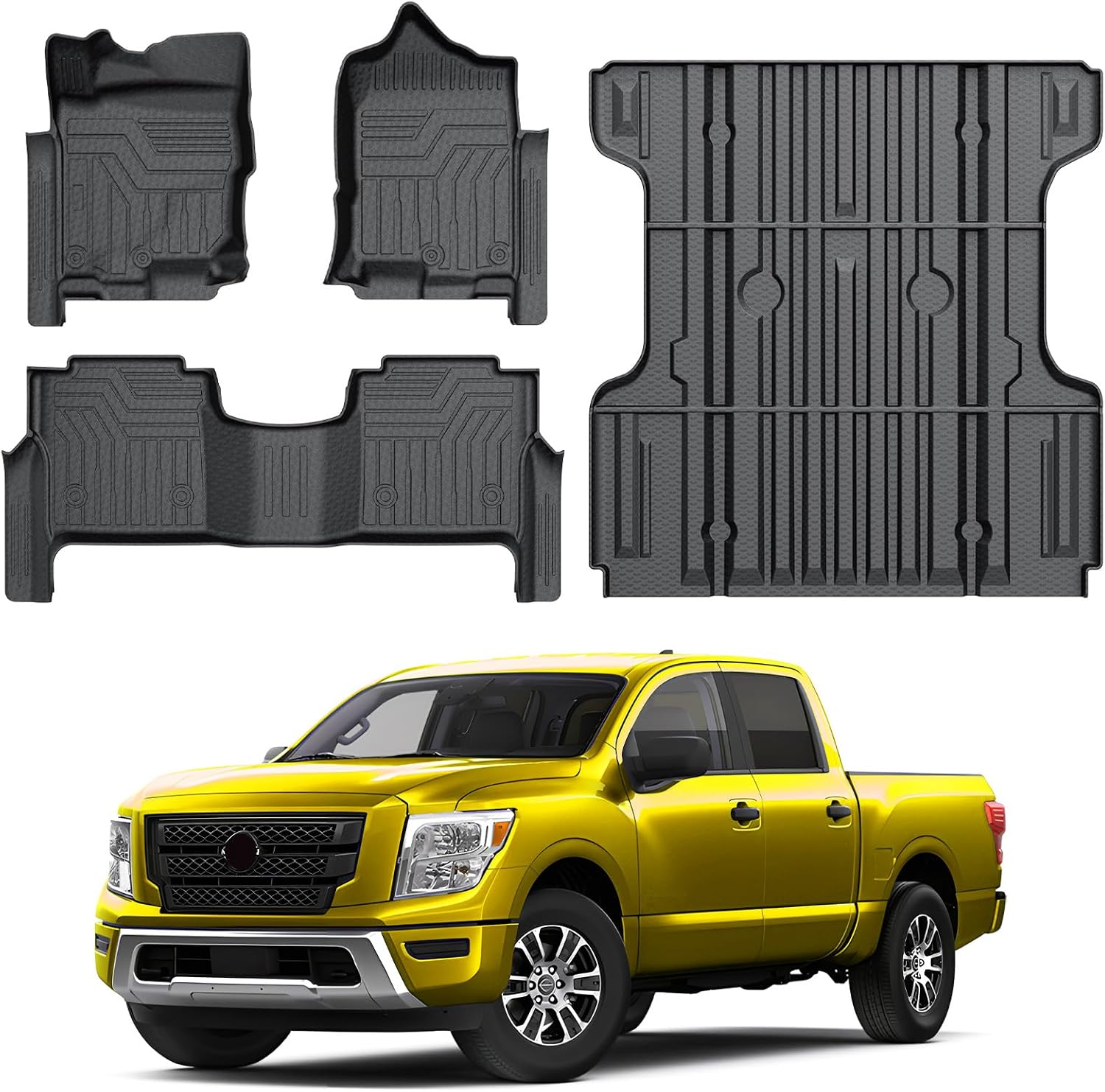 KUST Floor Mats Bed Mat Set for 2017-2024 Nissan Titan, 2016-2024 Titan XD Crew Cab, 5.6FT Truck Bed Liner All Weather TPE Rubber High Edge Heavy Duty
