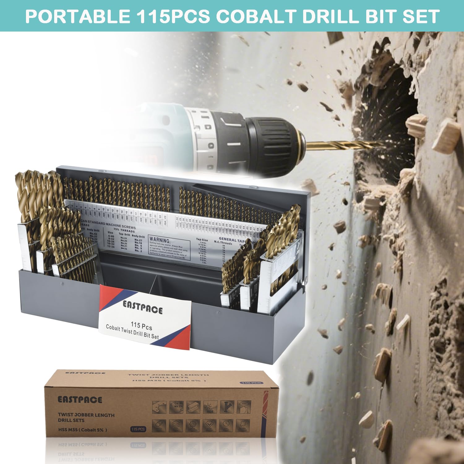 115Pcs M35 Cobalt Drill Bit Set, Twist Jobber Drill Bit Kit for Stainless Steel, Hard Metal and Wood Plastic with Indexed Metal Case (A-Z, 1-60,1/16 Inch-1/2 Inch)