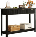 RUSTOWN Fluted Wood Console Table with 3 Drawers, Boho Narrow Behind Couch Entryway Table with Open Storage Shelf, Modern Sofa Table for Living Room, Foyer and Hallway (Black)