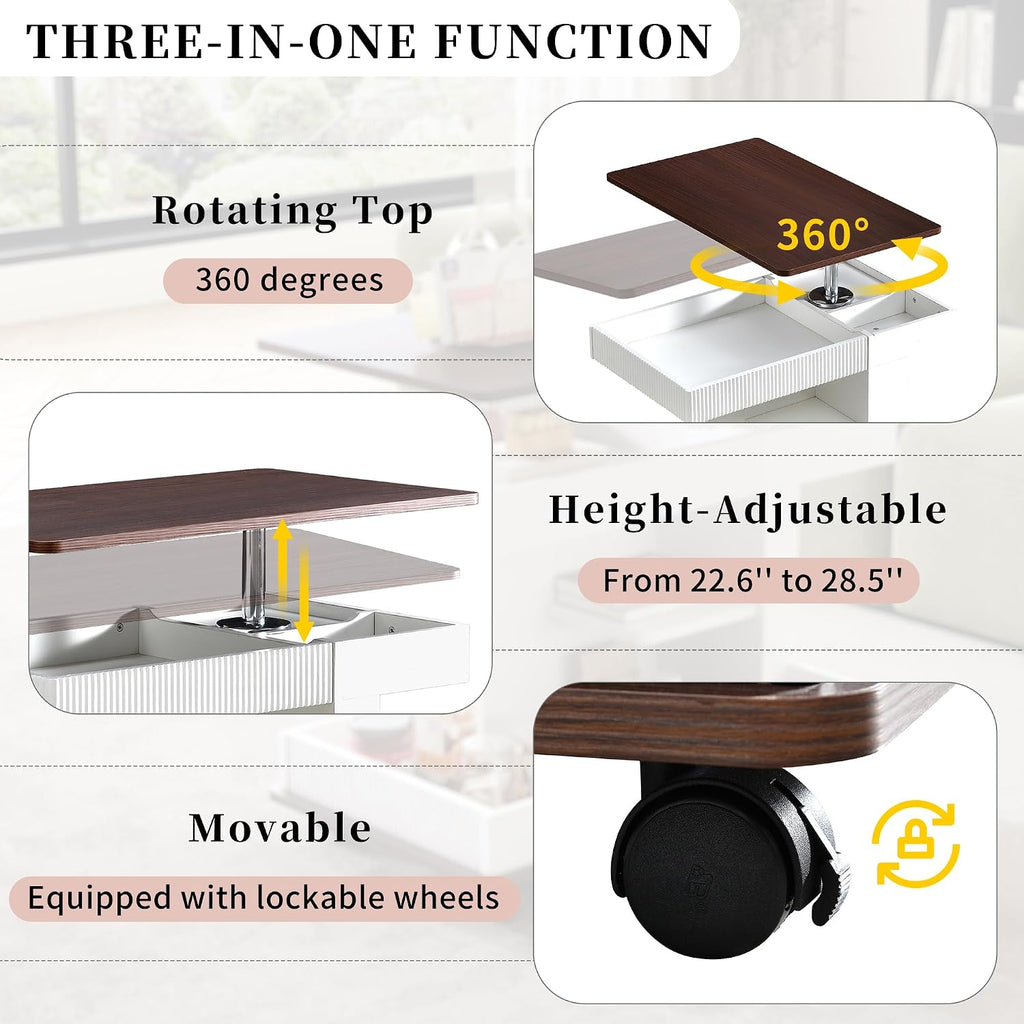 Merax Adjustable End Table with Wheels, Modern Multifunctional Sofa Side Table with Lift-Top, 360°Rotating Top and Storage Space for Living Room, Small Space, Brown+White