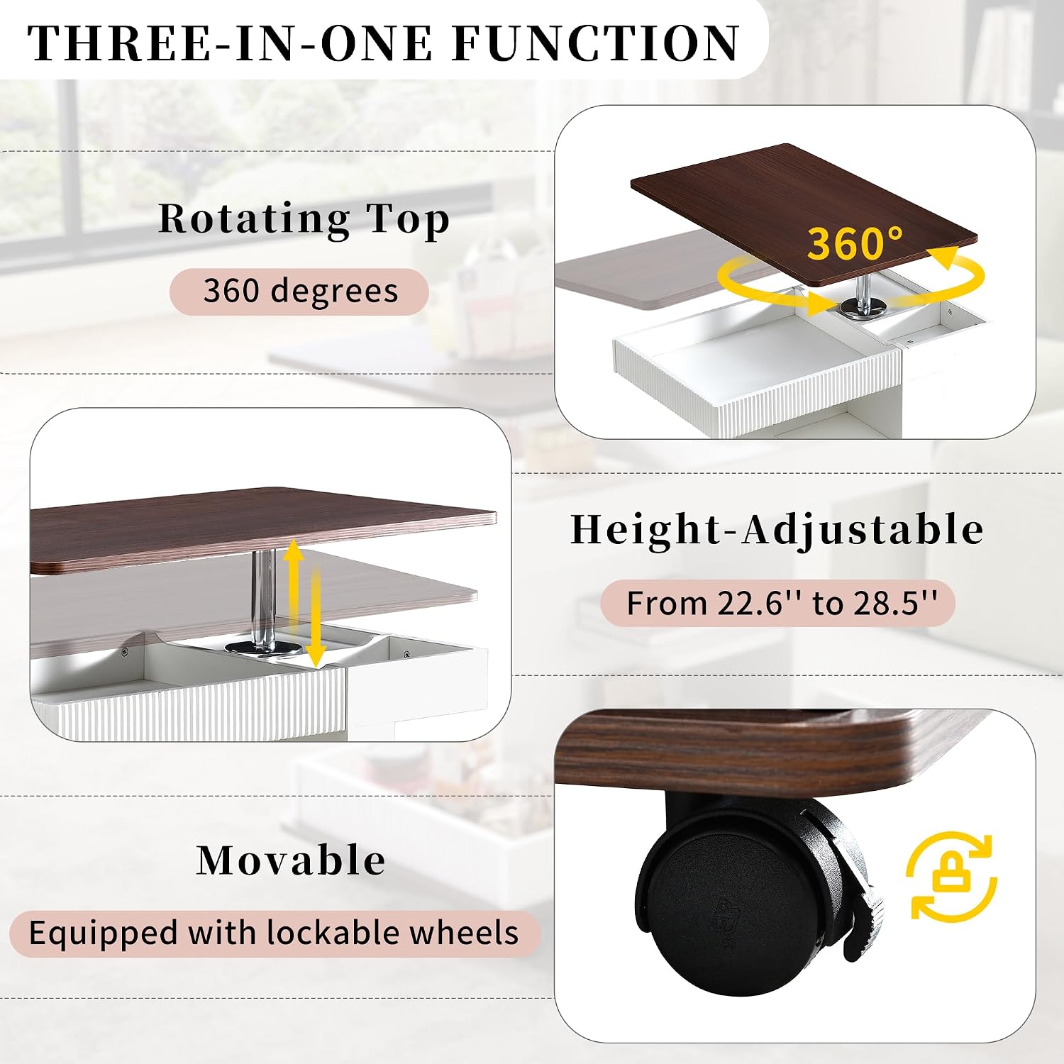 Merax Adjustable End Table with Wheels, Modern Multifunctional Sofa Side Table with Lift-Top, 360°Rotating Top and Storage Space for Living Room, Small Space, Brown+White