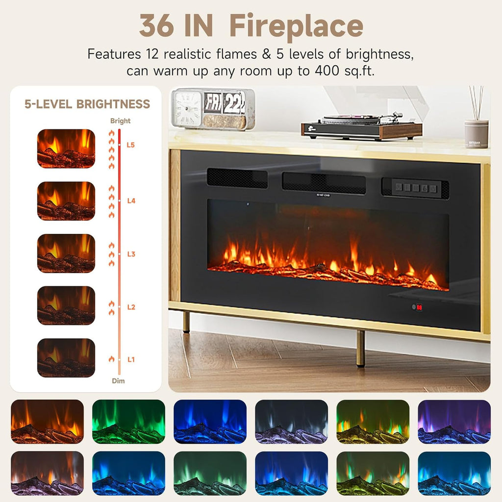 Luxury 70' Fluted TV Stand with Fireplace, Modern Chic Entertainment Center for TVs Up to 80', TV Console for Living Room, Media Cabinet with Storage,70 Inch, Natural