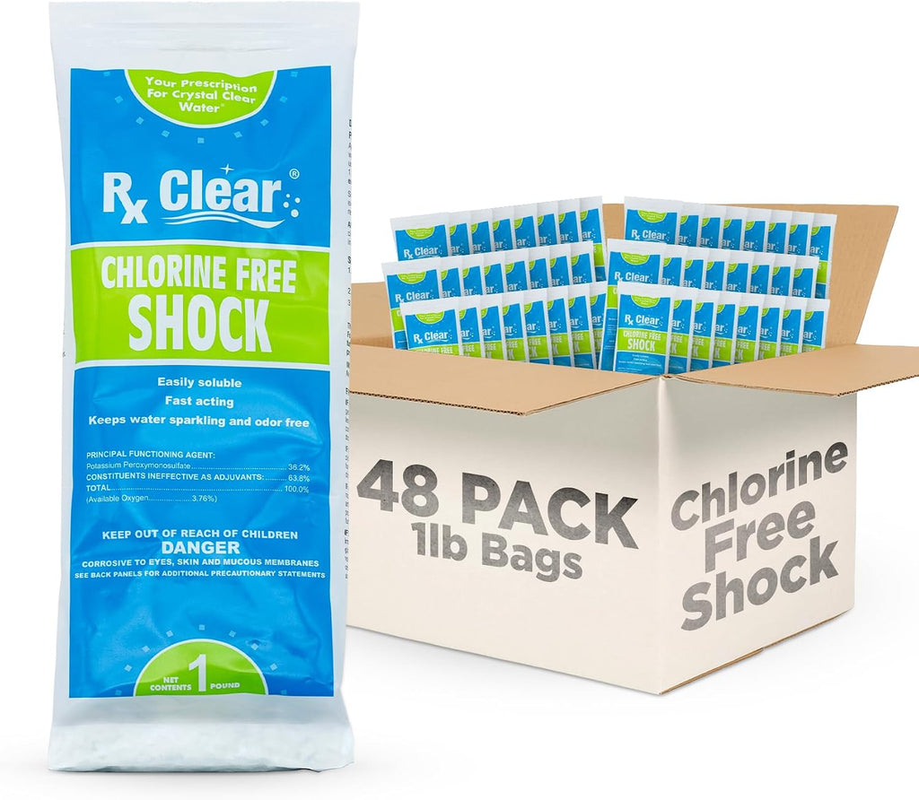 Rx Clear Chlorine-Free Pool Shock | Non-Chlorine Oxidizing Treatment (MPS) | 36.2% Potassium Monopersulfate | Fast-Dissolving Granules | Low-Odor | for Pools & Spas | 1 lb Bags | 48 Pack