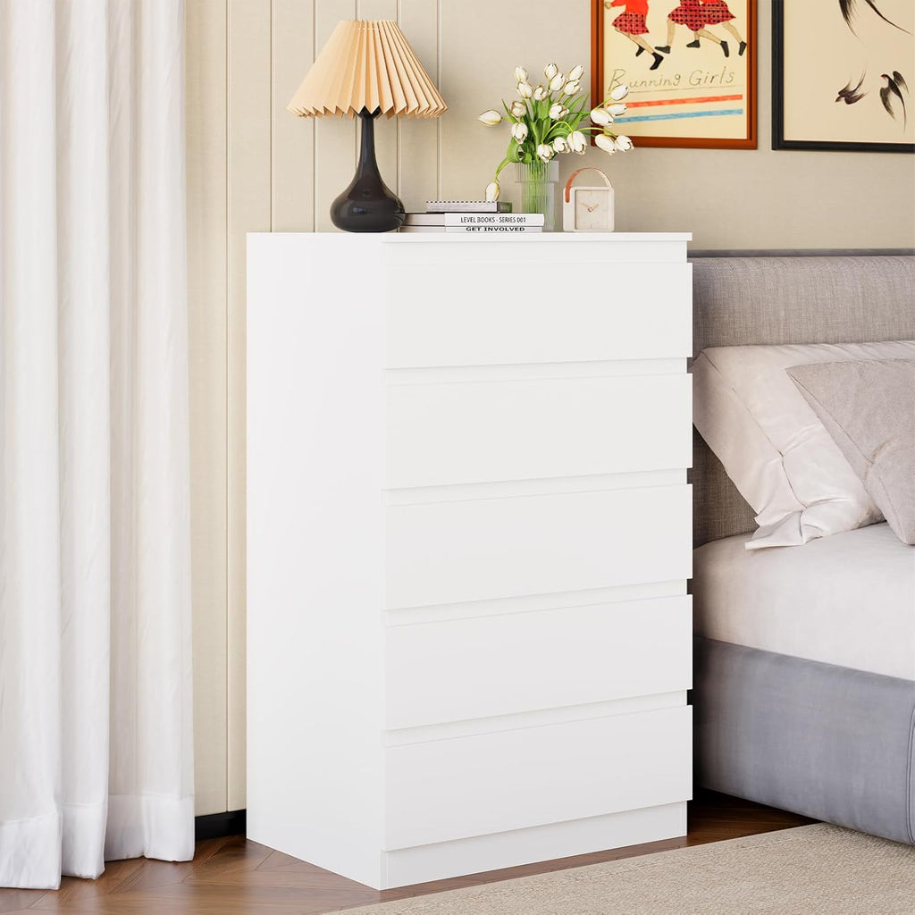 OtterOasis White Wood Dresser for Bedroom, 5 Drawer for Clothes Storage, Modern Dresser with Wide Drawers, Wide Wooden Chest Drawers for Living Room, Entryway, TV Stand