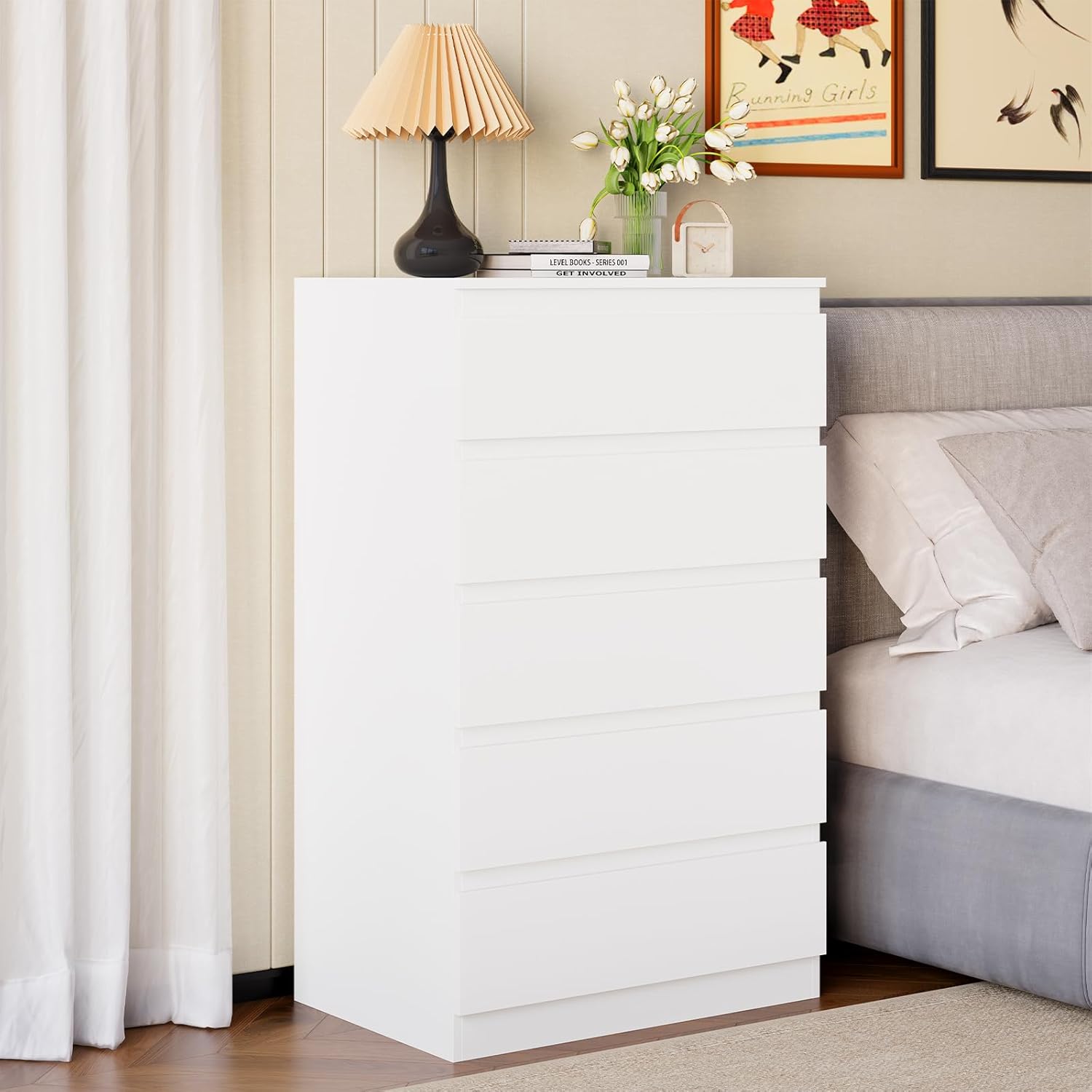 OtterOasis White Wood Dresser for Bedroom, 5 Drawer for Clothes Storage, Modern Dresser with Wide Drawers, Wide Wooden Chest Drawers for Living Room, Entryway, TV Stand