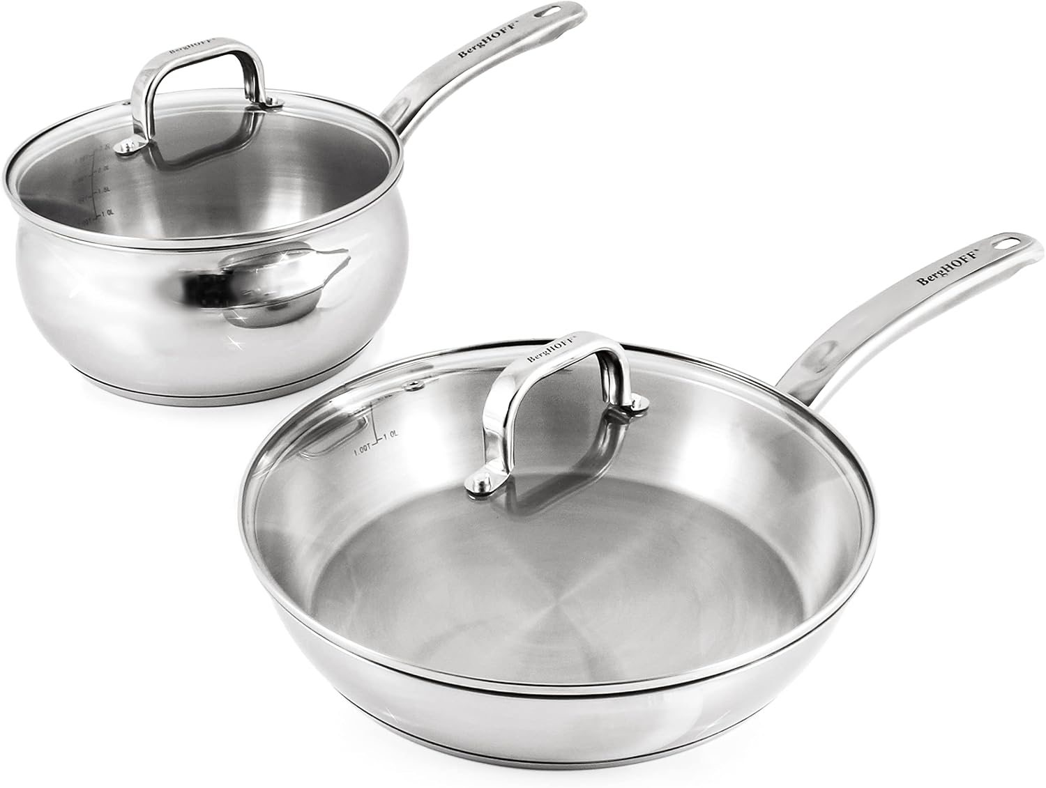 BergHOFF Belly Shape 18/10 Stainless Steel 7Pc Cookware Set, Glass Lids, Fast, Evenly Heat, Induction Cooktop Ready