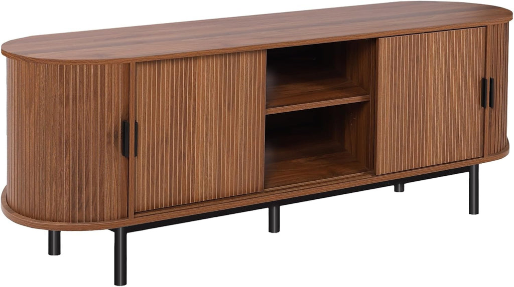 Janmer Home 63' Fluted TV Stand for 65/70 Inch, Mid Century Modern Console With Sliding Doors, Curved Gaming Entertainment Center, Media Console for Living Room, Bedroom (Walnut, 63inch-4doors)