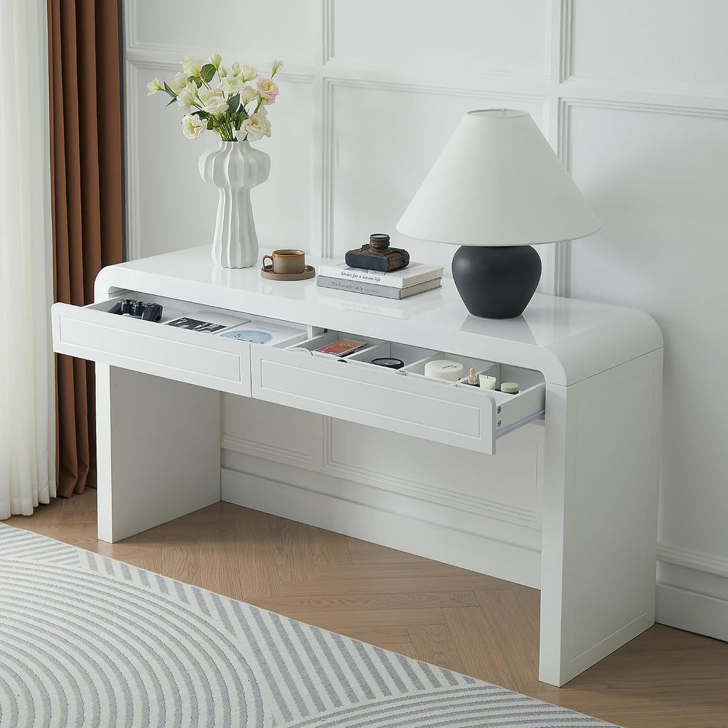 Merax 60' Entryway Console Table with Storage, 2 Drawers with Functional Divider/Retro Curved Design/Behind Couch & Sofa, White