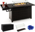Tangkula Patio Propane Fire Pit Table, 52 Inch Wicker Gas Fire Pit with Wind Guard & Extended Shelf, 50,000 BTU Heat Output, Rectangular Fire Table with Blue Fire Stone & Waterproof Cover (Brown)