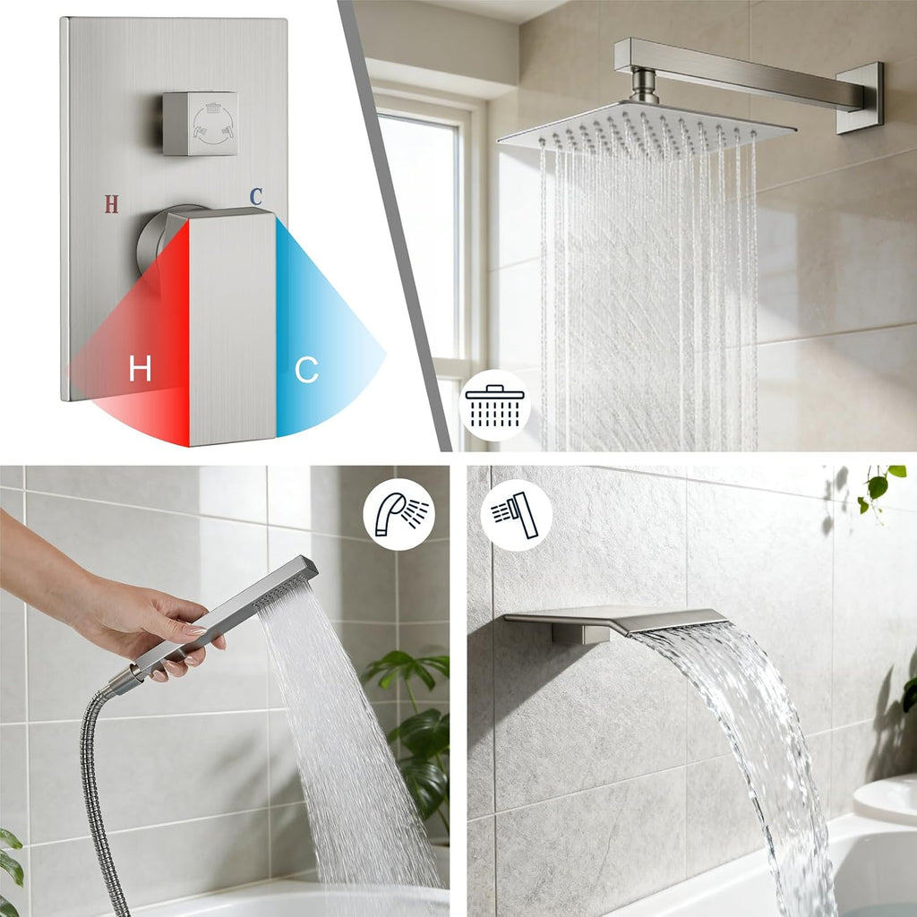 Midanya Shower System with Tub Spout,Bathtub Shower Faucet Set with Square Rainfall Head and Handheld Sprayer Wall Mount Tub Faucet Set with Valve and Trim Kit,10 Inch Brushed Nickel