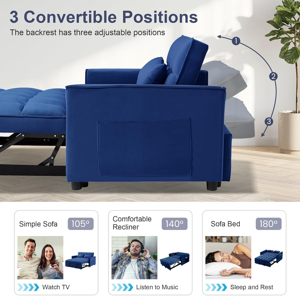 3-in-1 Pull Out Couch, 55.3'' Convertible Futon Sofa Bed, Velvet Sleeper Loveseat with Pillows, Pockets, Small Sofa Cama for Living Room, Apartment, Blue