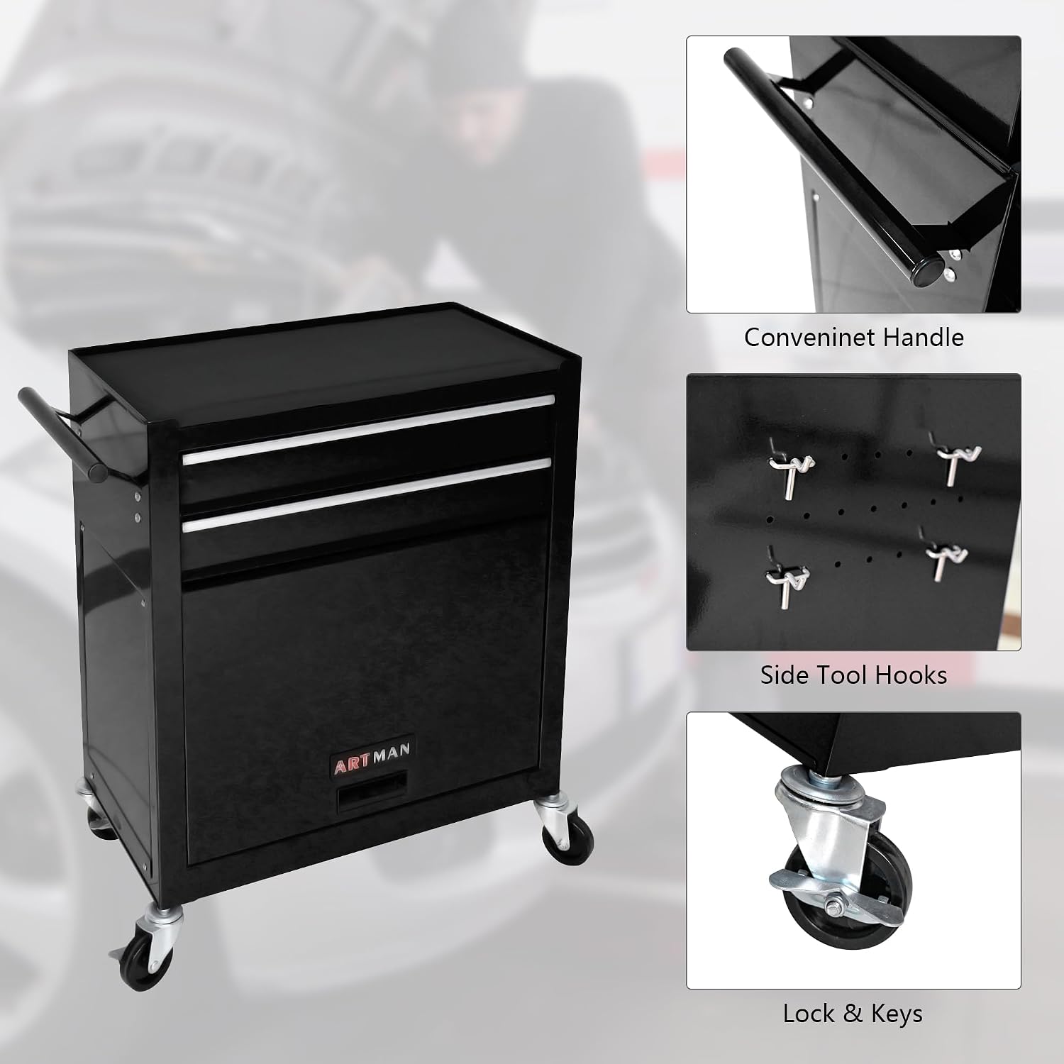 8-Drawer Tool Chest,Rolling Tool Box with Detachable Top Toolbox & Key Lock,Tool Cabinet with Universal Lockable Wheels,Lock Bar,Protective Liner,Metal Storage Cart for Garage,Workshop (Black)