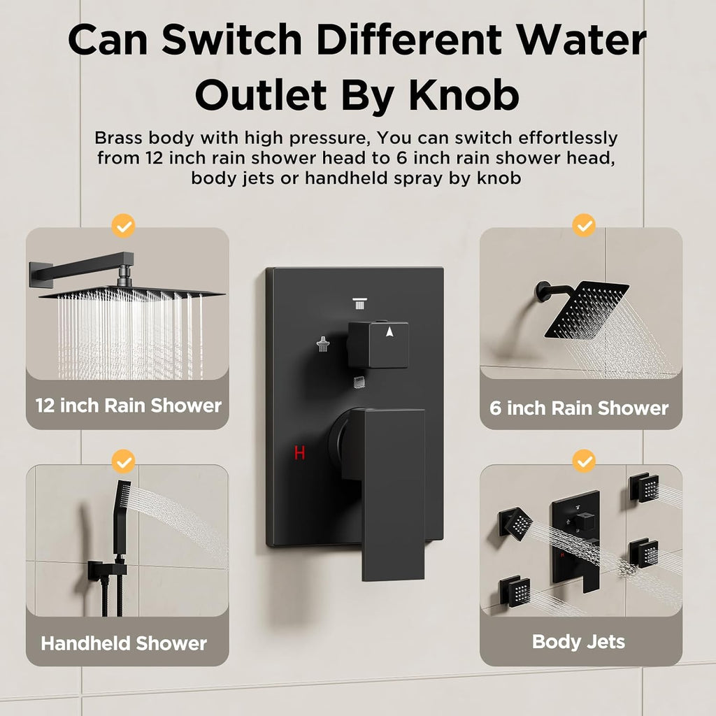 Shower Systems with 4 Body Spray Jets, STARBATH 4 Way 12+6' Rainfall Shower Head with Handheld Combo, Wall Mounted Shower Jets System Shower Faucet Sets Complete, Matte Black