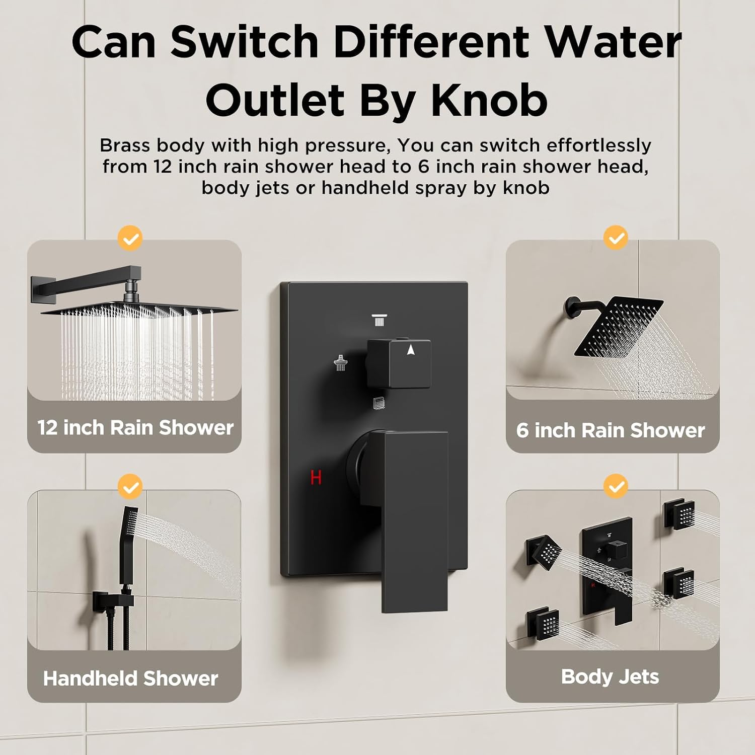Shower Systems with 4 Body Spray Jets, STARBATH 4 Way 12+6' Rainfall Shower Head with Handheld Combo, Wall Mounted Shower Jets System Shower Faucet Sets Complete, Matte Black