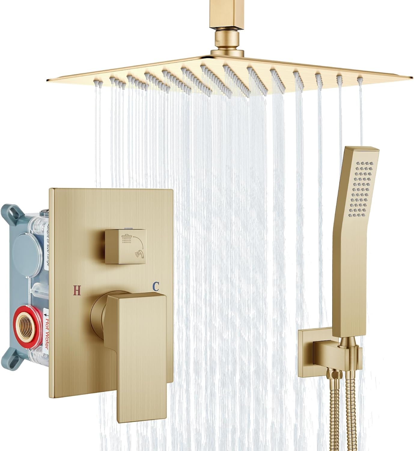 Aolemi Ceiling Mount Shower System Rain Shower Head with Handheld Spray High Pressure Shower Faucet Set Rough-in Valve Shower Trim Kit Included Bathroom Brushed Gold 10 Inch Ceiling Shower Head