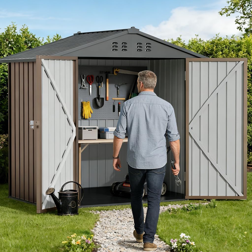 COMHOMA 6'x4' Shed Outdoor Storage Metal, Weatherproof Garden Utility Tool House with Lockable Doors & Adjustable Shelving, Ventilated Backyard Workshop,Brown
