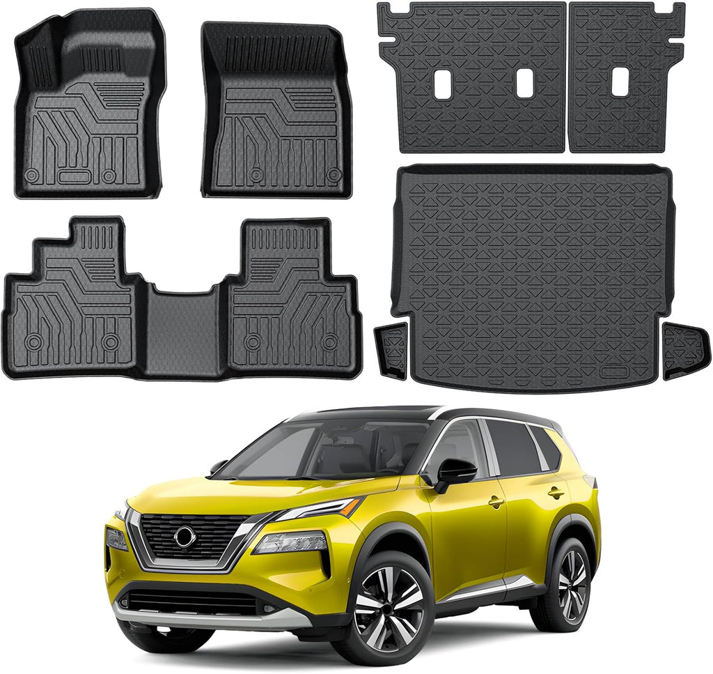 KUST Floor Mats Set for 2021-2026 Nissan Rogue Accessories (Not for Sport & Select), All Weather Floor Liners & Rear Trunk Liner & Backrest Mats, TPE Rubber, Raised Edge