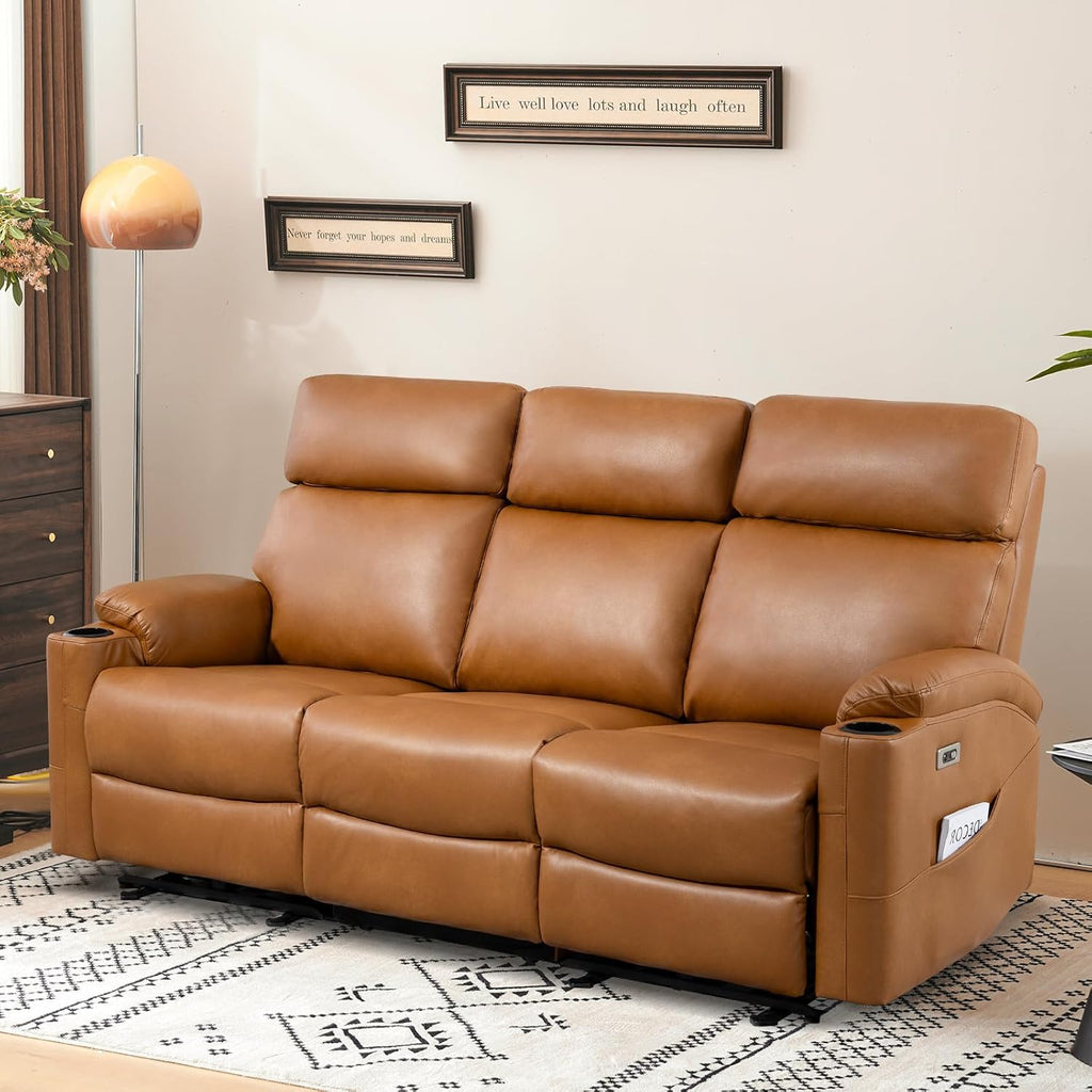 Power Reclining Sofa, Electric 3-Seat Dual Recliner Sofa with USB Ports, Cup Holders, Wall Hugger Sofa & Couch for Living Room Home Theater Apartment RV (Brown) | Drop-Down Table, Side Pocket, Extended Footrest, Breathable Material