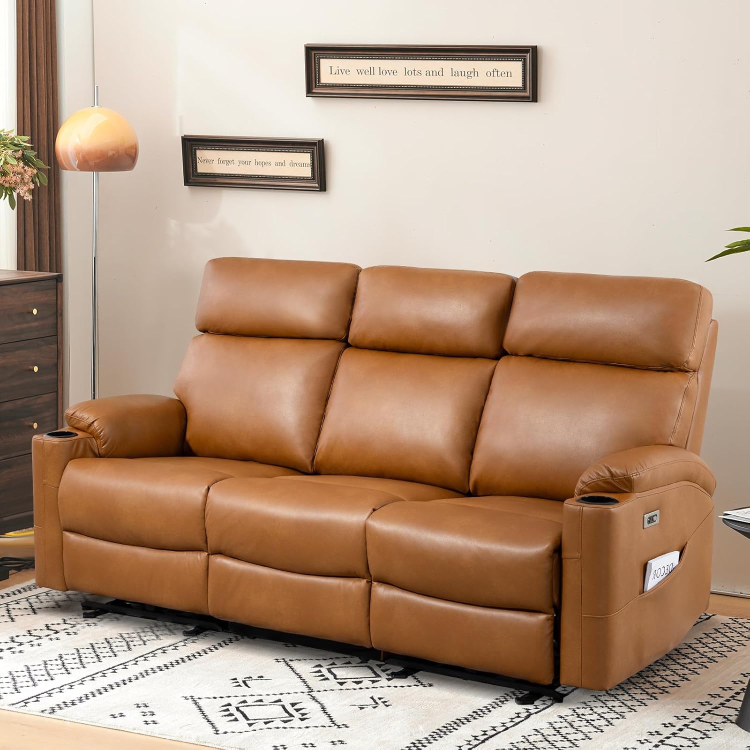 Power Reclining Sofa, Electric 3-Seat Dual Recliner Sofa with USB Ports, Cup Holders, Wall Hugger Sofa & Couch for Living Room Home Theater Apartment RV (Brown) | Drop-Down Table, Side Pocket, Extended Footrest, Breathable Material