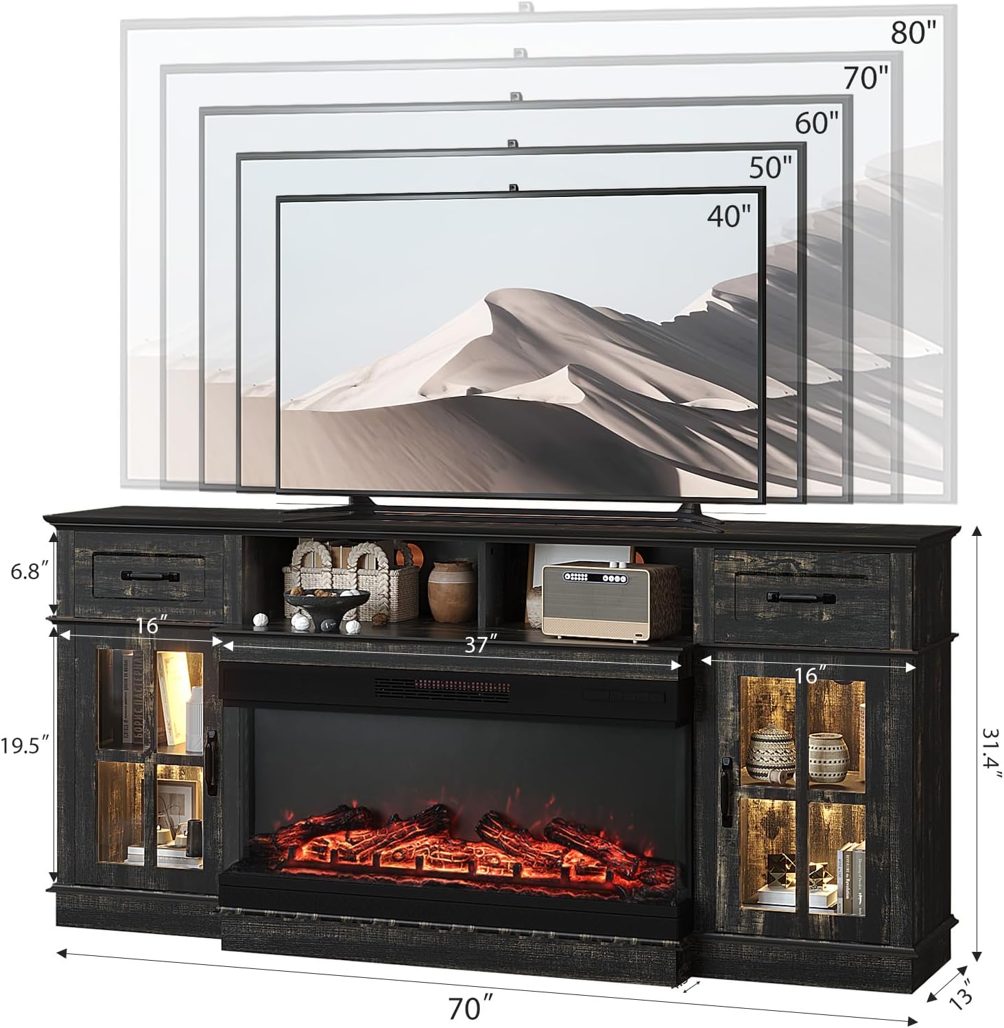 Bonnlo Fireplace TV Stand for up to 80'' TVs, Entertainment Center with 3-Sided Glass Electric Fireplace Heater, Glass Doors & Drawers, LED Media Console, Living Room, Dark Rustic Oak