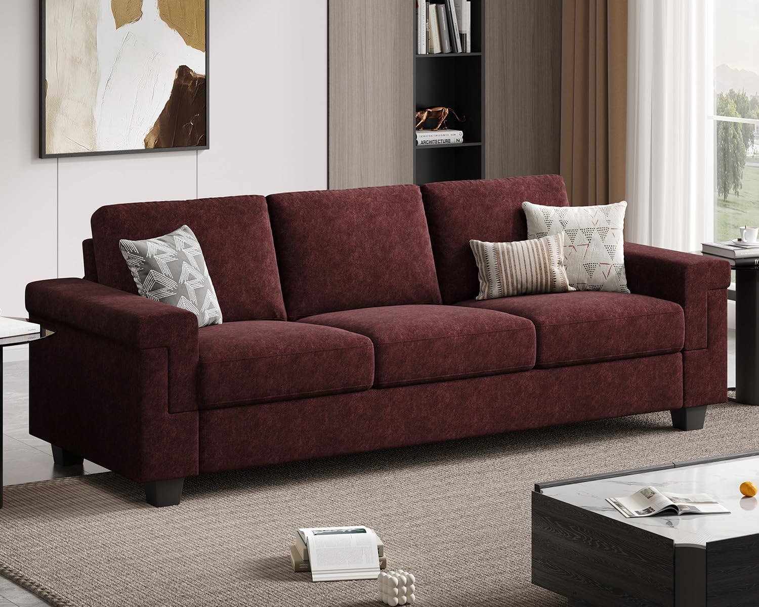 COPIAE 3 Seater Sofa Couch with Deep Seat, 90' Modern Upholstered Sofa with Armrests, Easy Installation, Comfy Couches for Living Room, Apartment, Burgundy