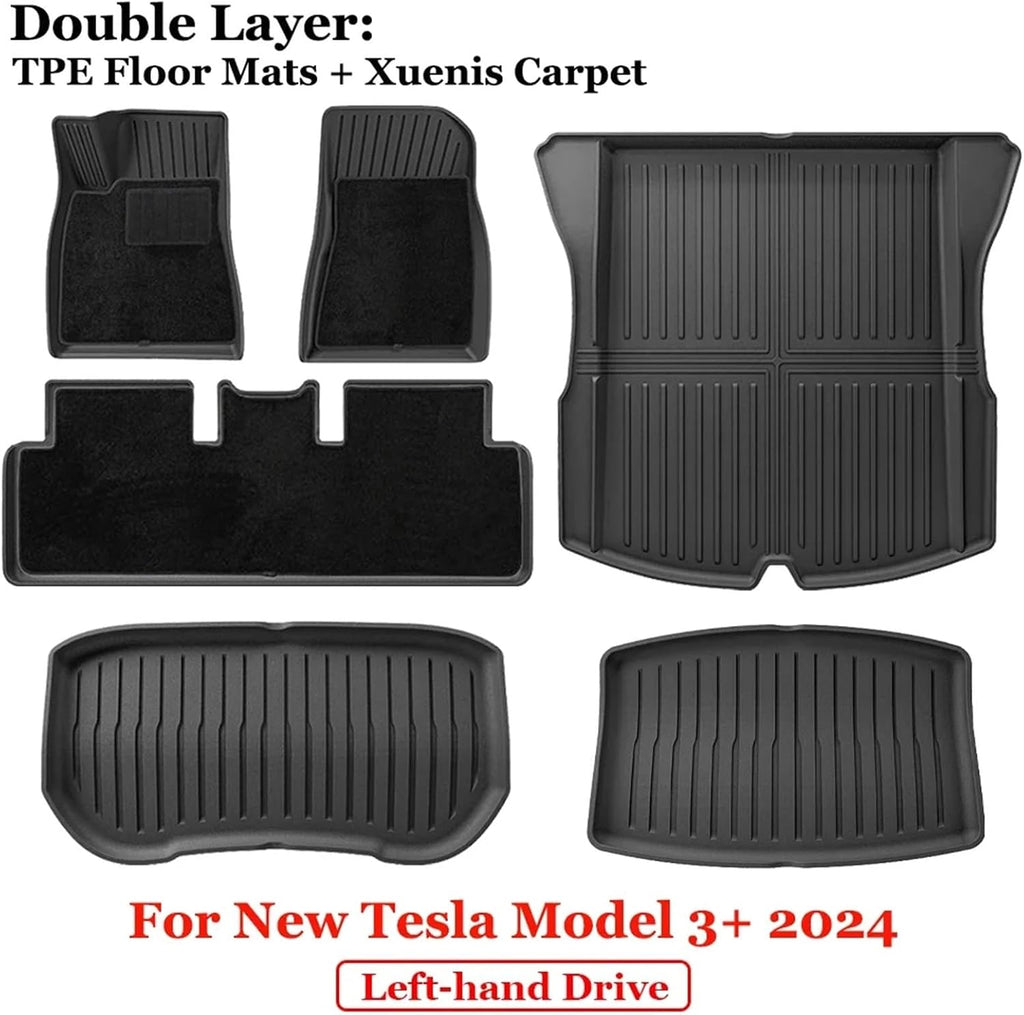 for 2024 2025 Tesla Model 3 Highland Floor Mats TPE All Weather Front Rear Cargo Liner Mat Waterproof Anti-Slip Accessories(24 M3D 9PCS LHD)