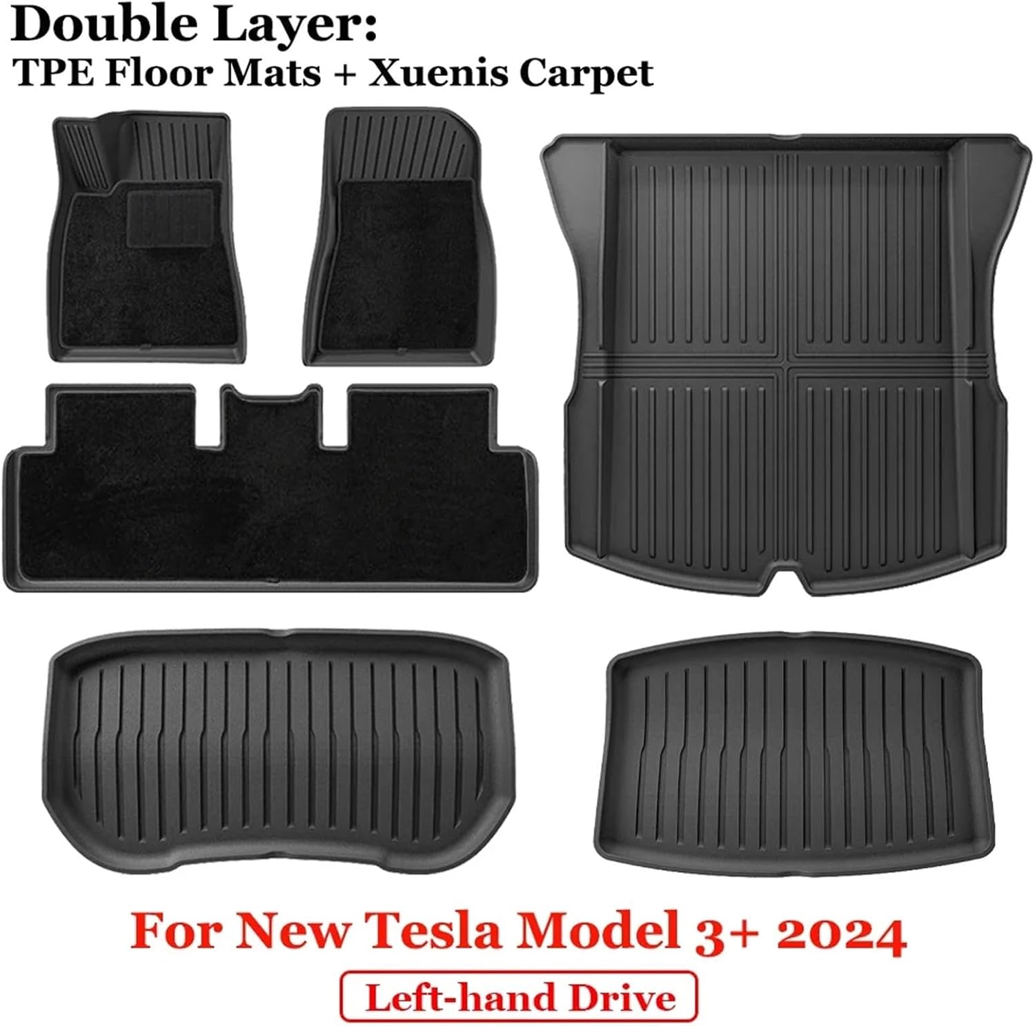 for 2024 2025 Tesla Model 3 Highland Floor Mats TPE All Weather Front Rear Cargo Liner Mat Waterproof Anti-Slip Accessories(24 M3D 9PCS LHD)