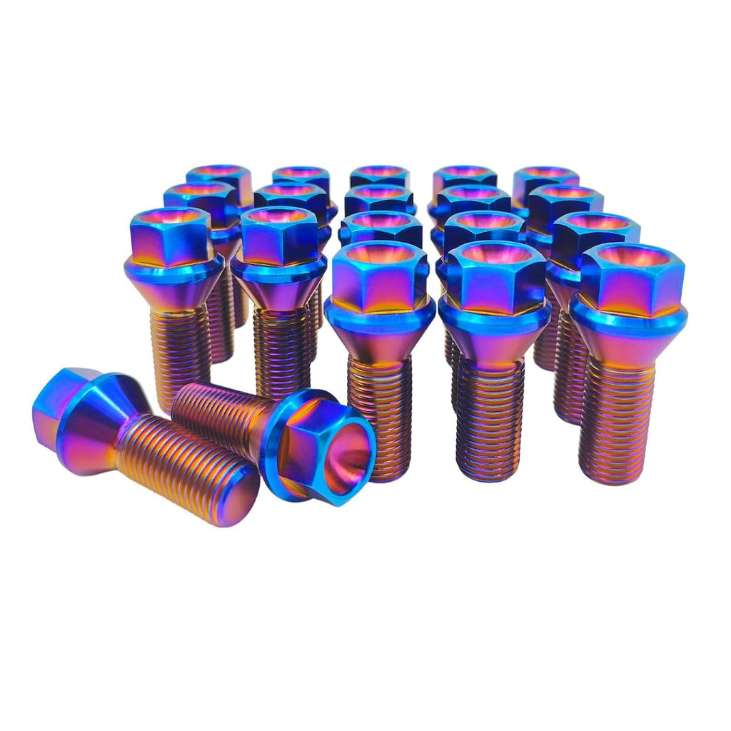 20 PCS RISON-Titanium M12/M14x1.5 Lug Bolts Shank 6AL4V Aerospace Grade Cone Seat Titanium Colorful Wheel Lug Bolts (M14x1.5x28mm, Burnt Blue)