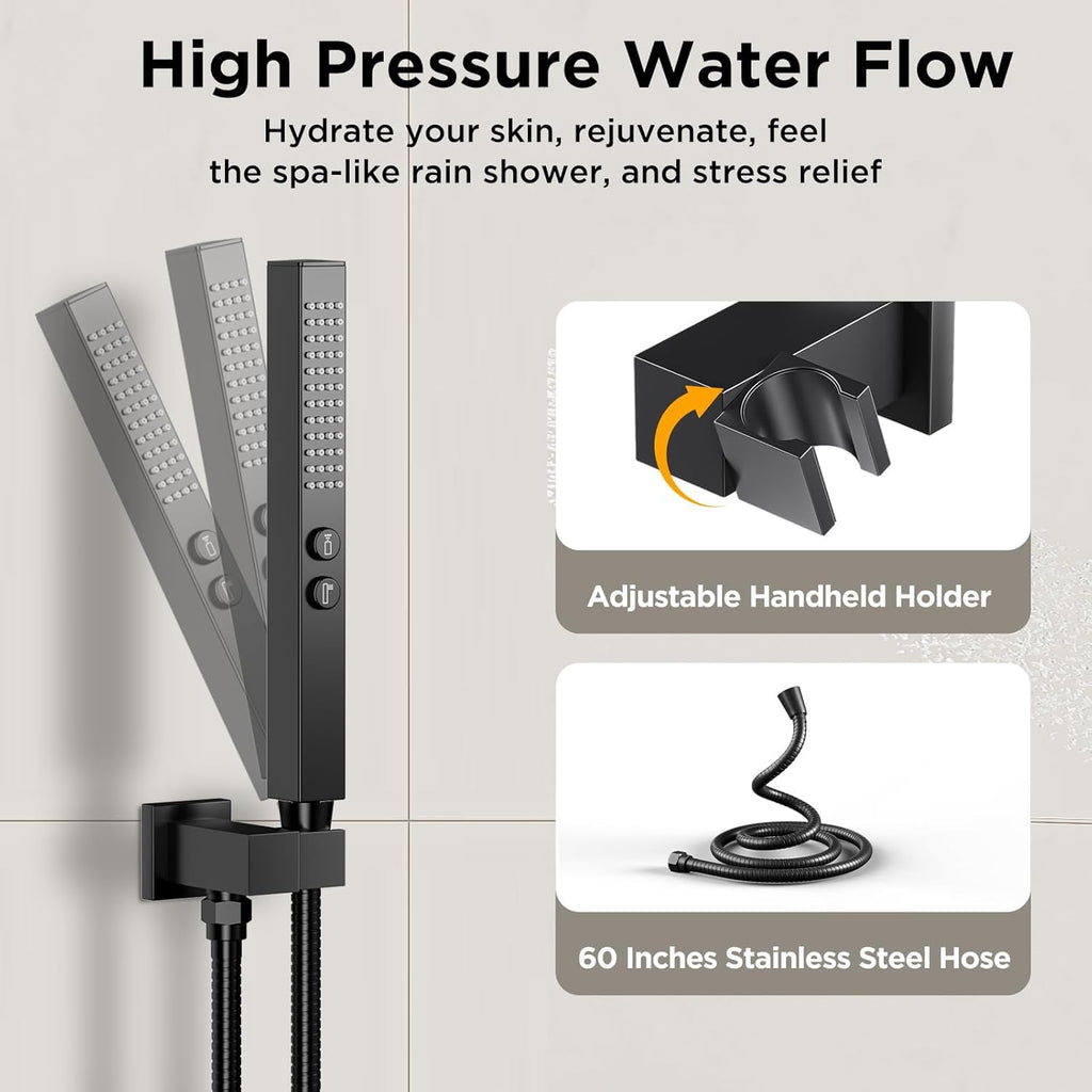 Shower Faucet Sets Matte Black Shower System,STARBATH 4 Way 12+6' Dual Head Shower Set Complete with 2 in 1 Handheld,Wall Mounted Rainfall Shower Head with 4 Body Spray Jets, Shower Jets System