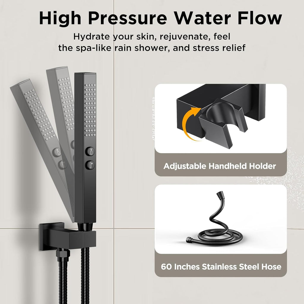 Shower System with Body Jets Matte Black, STARBATH 4 Way 12+6' Shower Faucet Sets Complete with 2 in 1 Handheld,Ceiling Mounted Rainfall Dual Shower Head with 4 Body Spray Jets, Shower Jets System