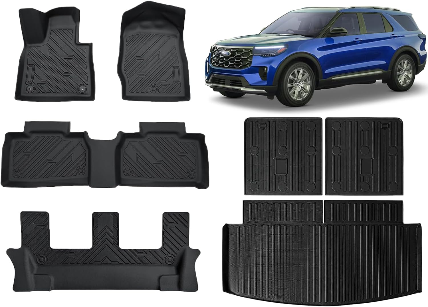 KUST Floor Mats Trunk Mat for 2020-2025 2026 Ford Explorer 7 Seats, Cargo Liner Backrest Mat for Explorer Accessories, TPE Rubber All Weather Protection High Edge (7 Seater Only)