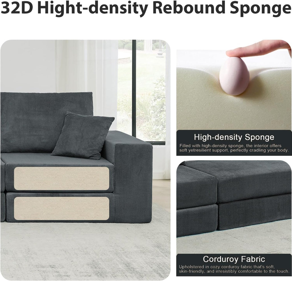 80 Inches Modular Sectional Loveseat Sofa, Cloud Boneless Couch with Non-Slip Base, Modern Sleeper Sofa Bed for Living Room, Small Spaces, No Assembly Required, Corduroy (Grey)
