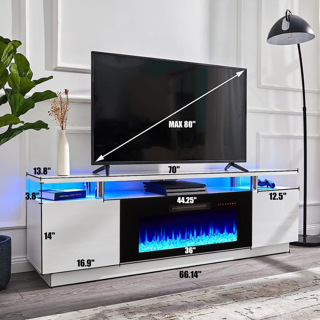 AMERLIFE Fireplace TV Stand with 36' Fireplace, 70' Modern Fireplace Entertainment Center LED Lights, 2 Tier TV Console Cabinet for TVs Up to 80', Ivory White