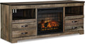 Signature Design by Ashley Trinell 63' TV Stand with Electric Fireplace Insert, Rustic Wood Look Media Console with Infrared Heat, Storage Drawers and Remote Control for Living Room Warmth