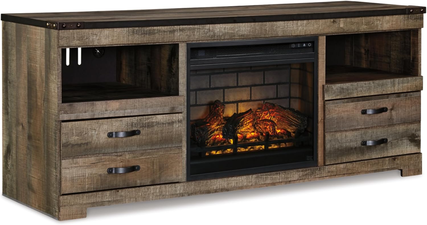 Signature Design by Ashley Trinell 63' TV Stand with Electric Fireplace Insert, Rustic Wood Look Media Console with Infrared Heat, Storage Drawers and Remote Control for Living Room Warmth