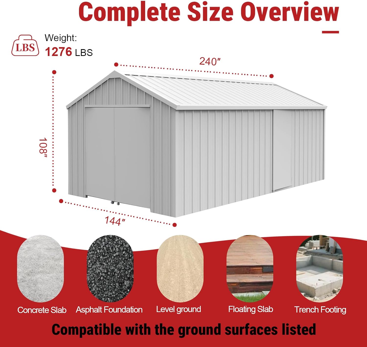 12x20FT Outdoor Metal Storage Shed, Galvanized Steel Portable Building with Double Swing Doors, Heavy-Duty Carport for Tools, Motorcycle, Equipment Storage