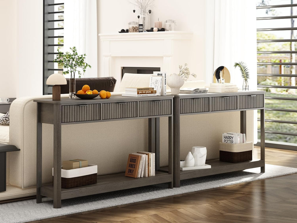 RUSTOWN Fluted Wood Console Table with 3 Drawers, 47.2' Modern Farmhouse Sofa Table & Entryway Table with Open Storage Shelf, Narrow Hallway Table for Living Room, Foyer and Hallway (Washed Oak)