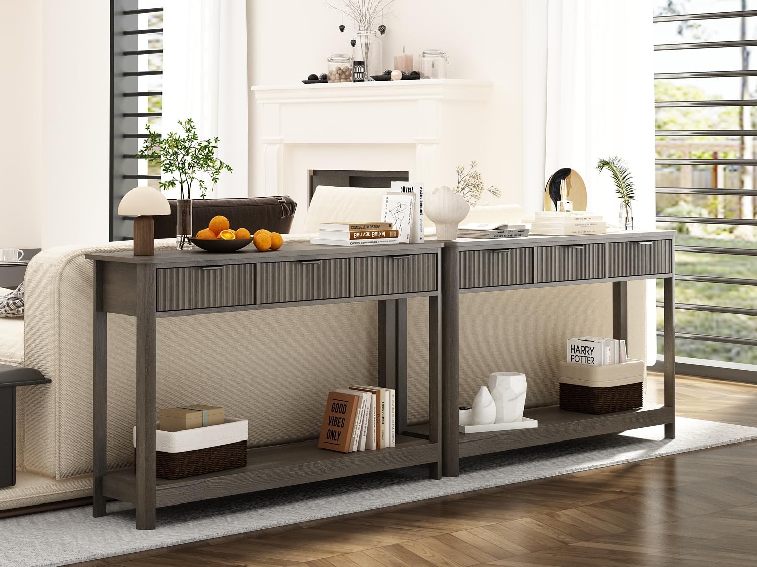 RUSTOWN Fluted Wood Console Table with 3 Drawers, 47.2' Modern Farmhouse Sofa Table & Entryway Table with Open Storage Shelf, Narrow Hallway Table for Living Room, Foyer and Hallway (Washed Oak)