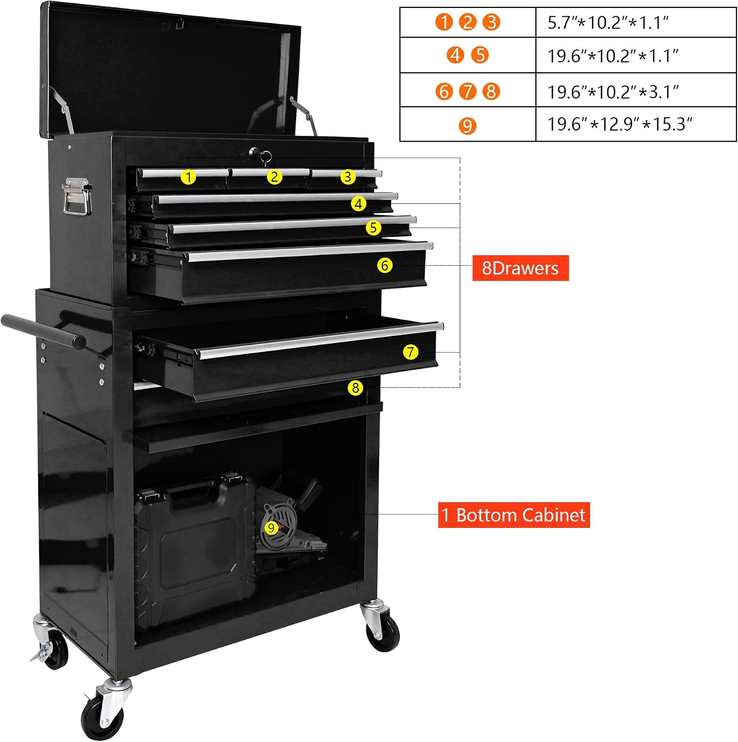 8-Drawer Tool Chest,Rolling Tool Box with Detachable Top Toolbox & Key Lock,Tool Cabinet with Universal Lockable Wheels,Lock Bar,Protective Liner,Metal Storage Cart for Garage,Workshop (Black)
