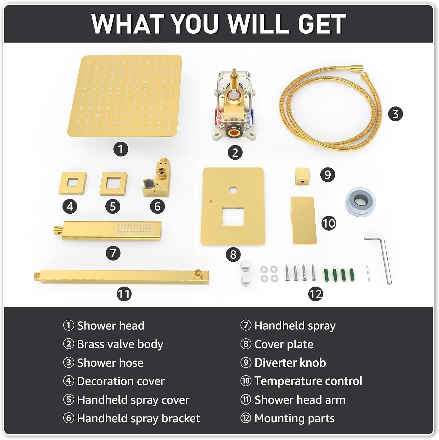 Iriber Brushed Gold Rain Shower System with 12 Inch Shower Head and Handheld shower Bathroom Wall Mounted Golden Shower Set Contain Shower Faucet Mixer Valve and Trim Kit (Valve Cartridge Included)