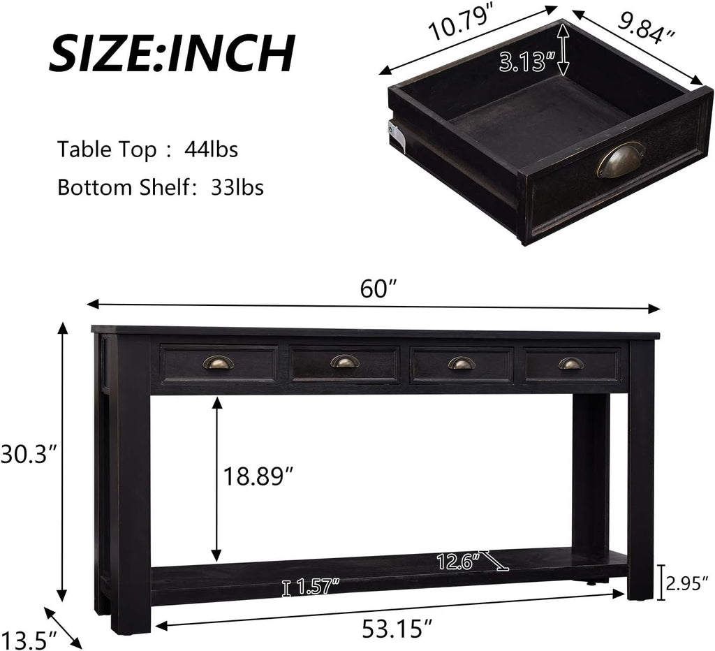 Kinfant Console Table for Entryway - 60' Long Rustic Sofa Table with 4 Drawers and Storage Shelf, Black