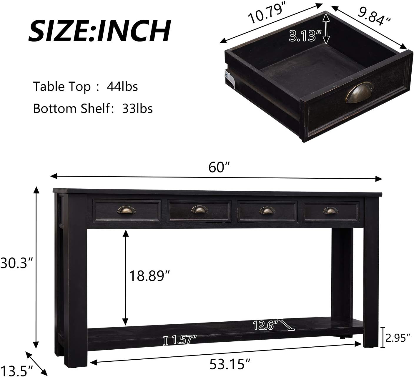 Kinfant Console Table for Entryway - 60' Long Rustic Sofa Table with 4 Drawers and Storage Shelf, Black