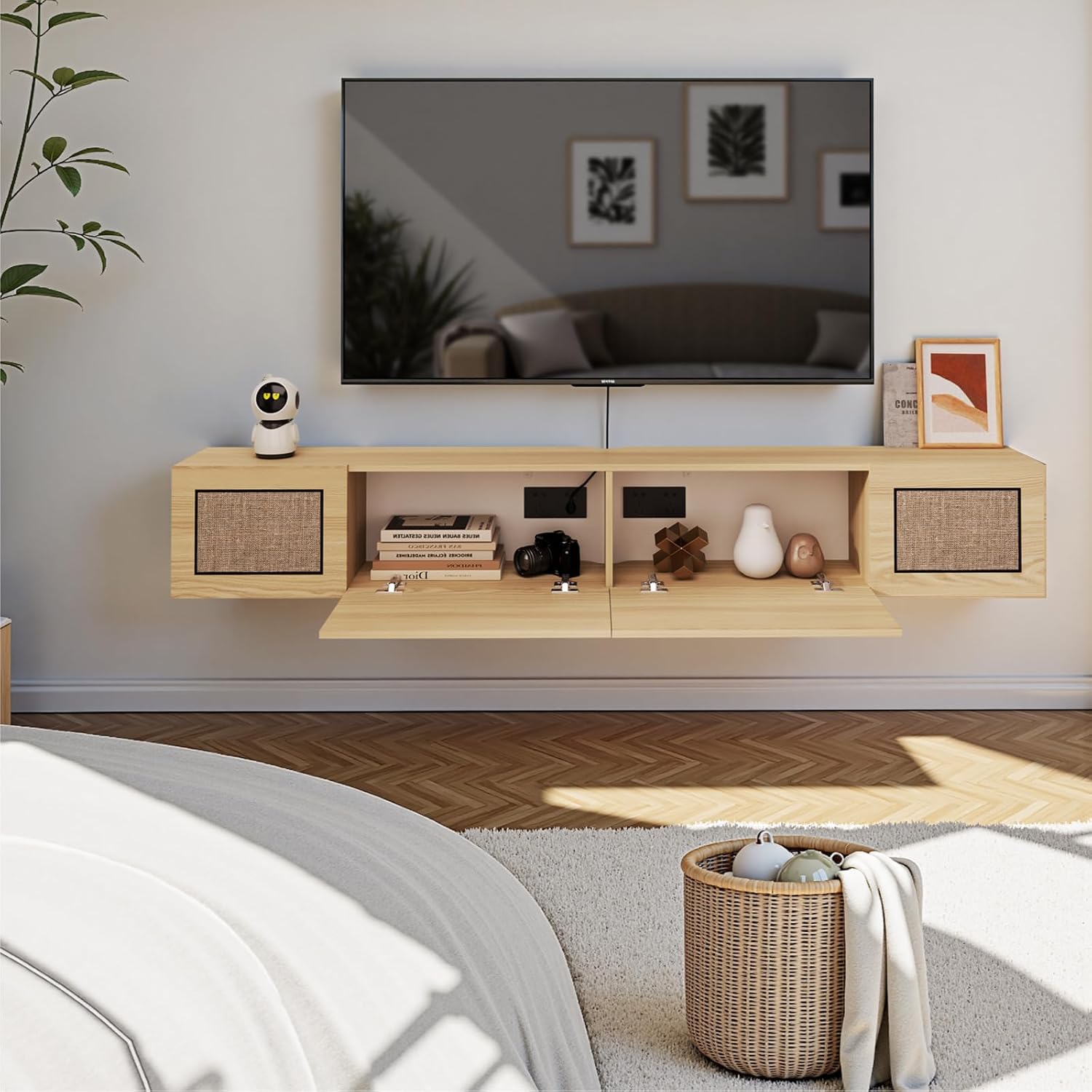 Pmnianhua Boho Floating TV Stand 55', Modern Wall Mounted Media Console with Cotton-Rayon Doors for Under TV Shelf,Entertainment Center,Living Room,Bedroom(Natural)