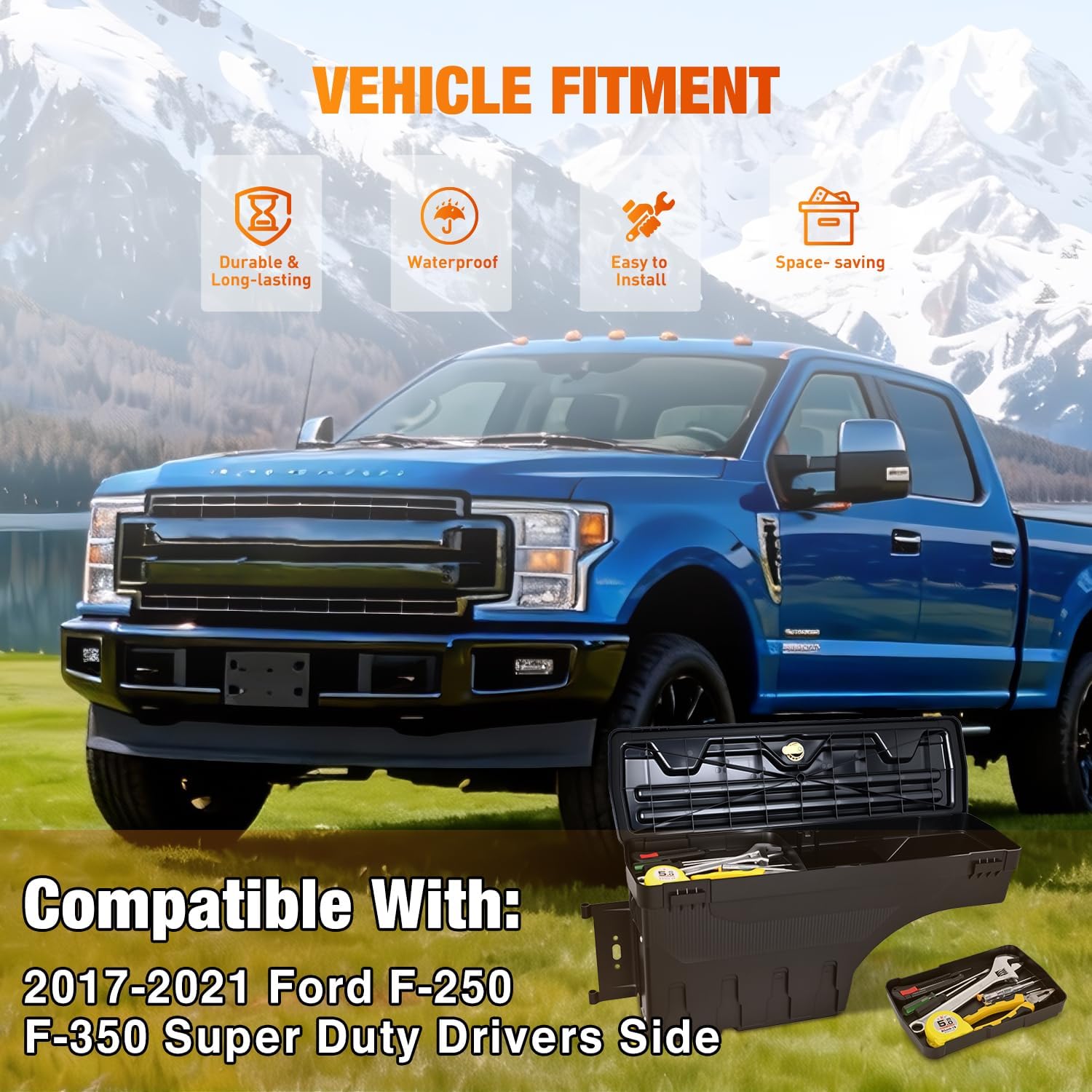 Nilight Truck Bed Tool Box Left Drivers Side Truck Tool Box Fit for Ford F-250/350 Super Duty 2017-2021 ABS Swing Case Truck Bed Storage Box with Lockable Lid Waterproof Wheel Well Toolbox Black
