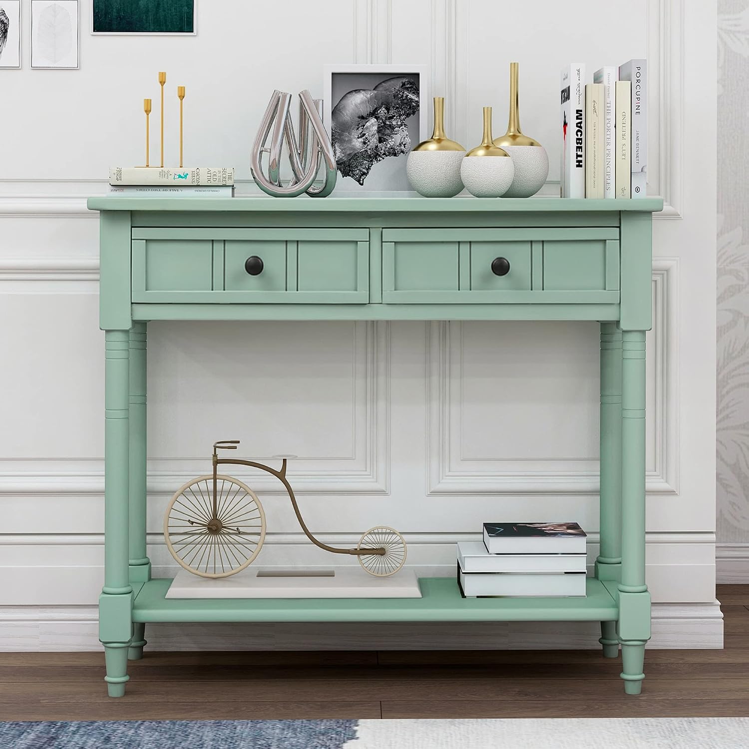 Merax Wood Sofa Table Console Table,Entryway Table Traditional Design with Two Drawers and Bottom Shelf for Living Room,Hallway,Dining Room,Retro Blue