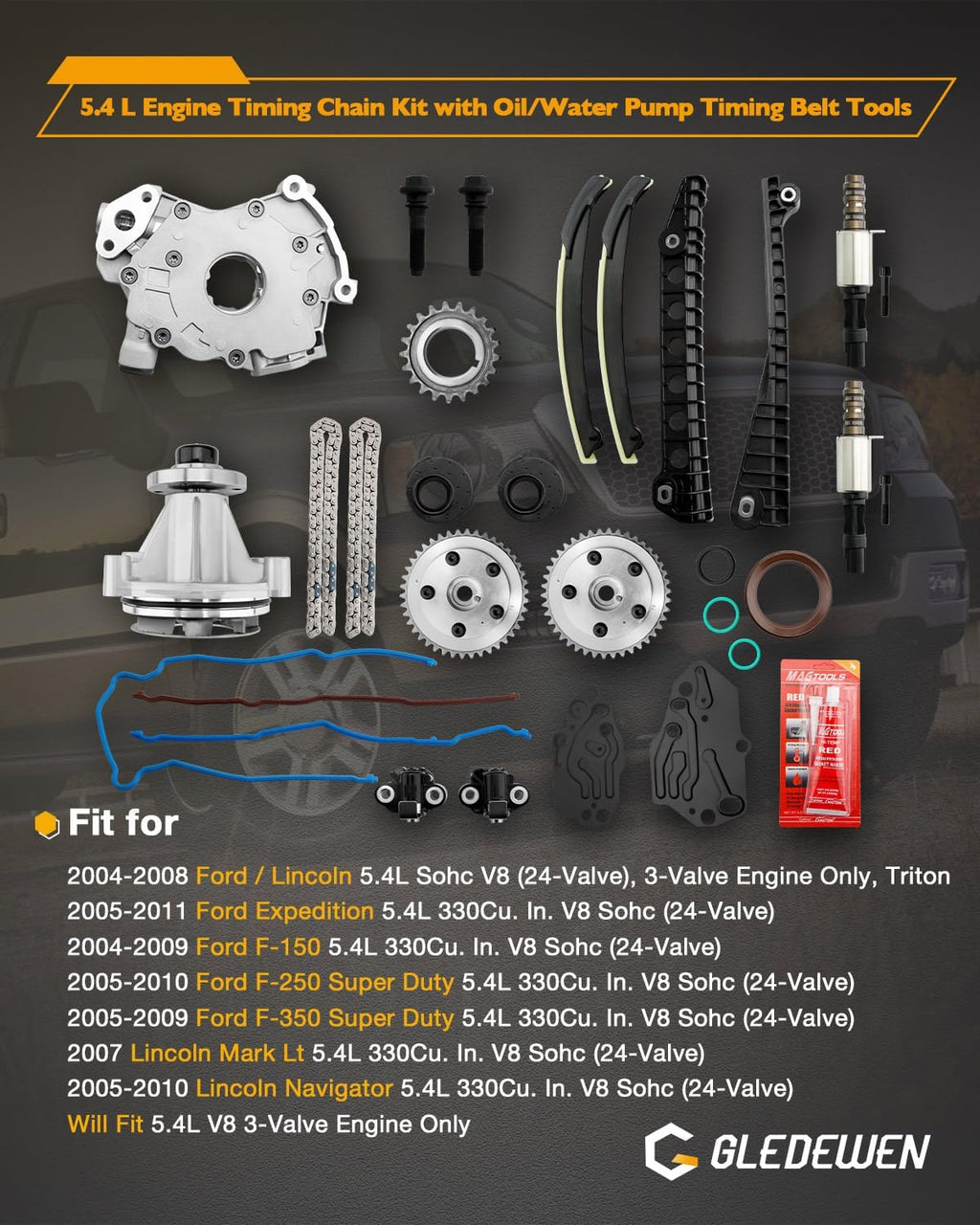 Timing Chain Kit 5.4 L, 2004-2011 Ford Expedition F-150 F-250 F-350 Super Duty, Lincoln Mark Lt Navigator, with Oil/Water Pump Timing Belt Tools, 5.4L V8 3-Valve Engine, 5L3Z-6268-A, 3R2Z6A257DA